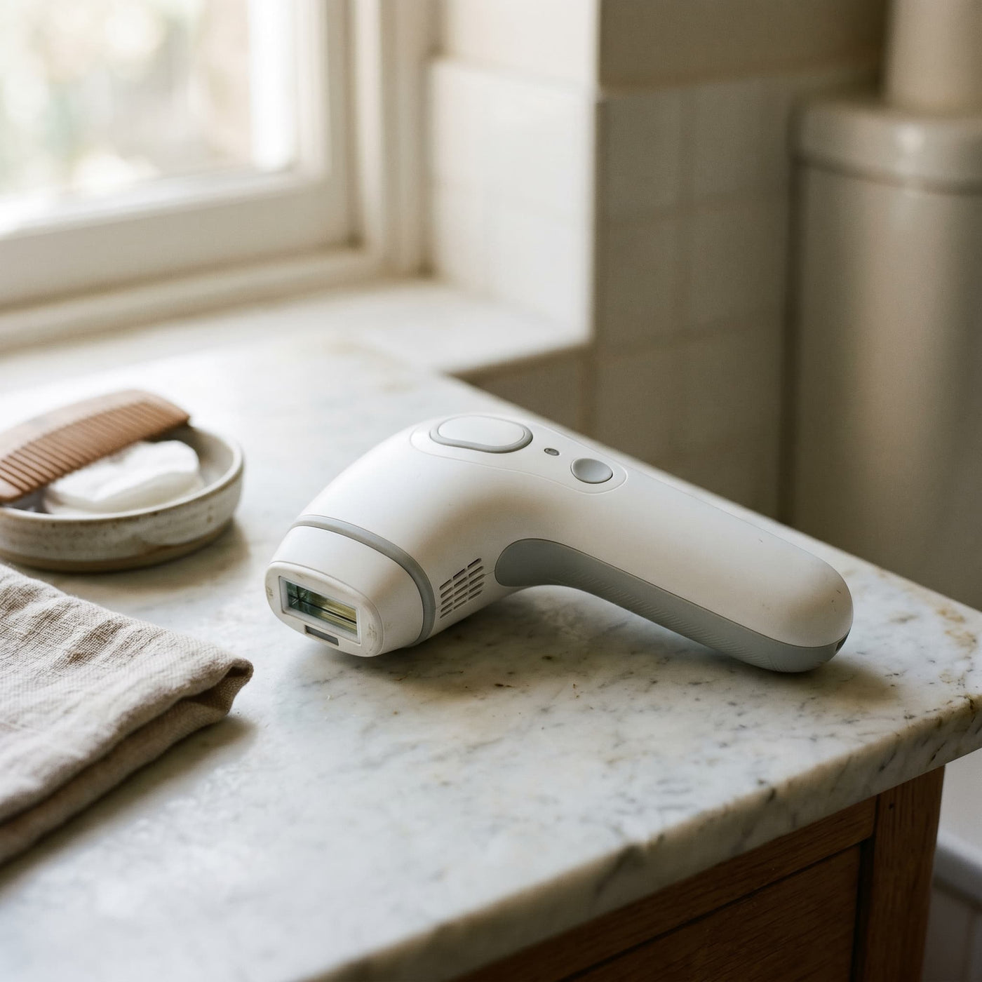 IPL grand public générique posé sur un comptoir de salle de bain en marbre
