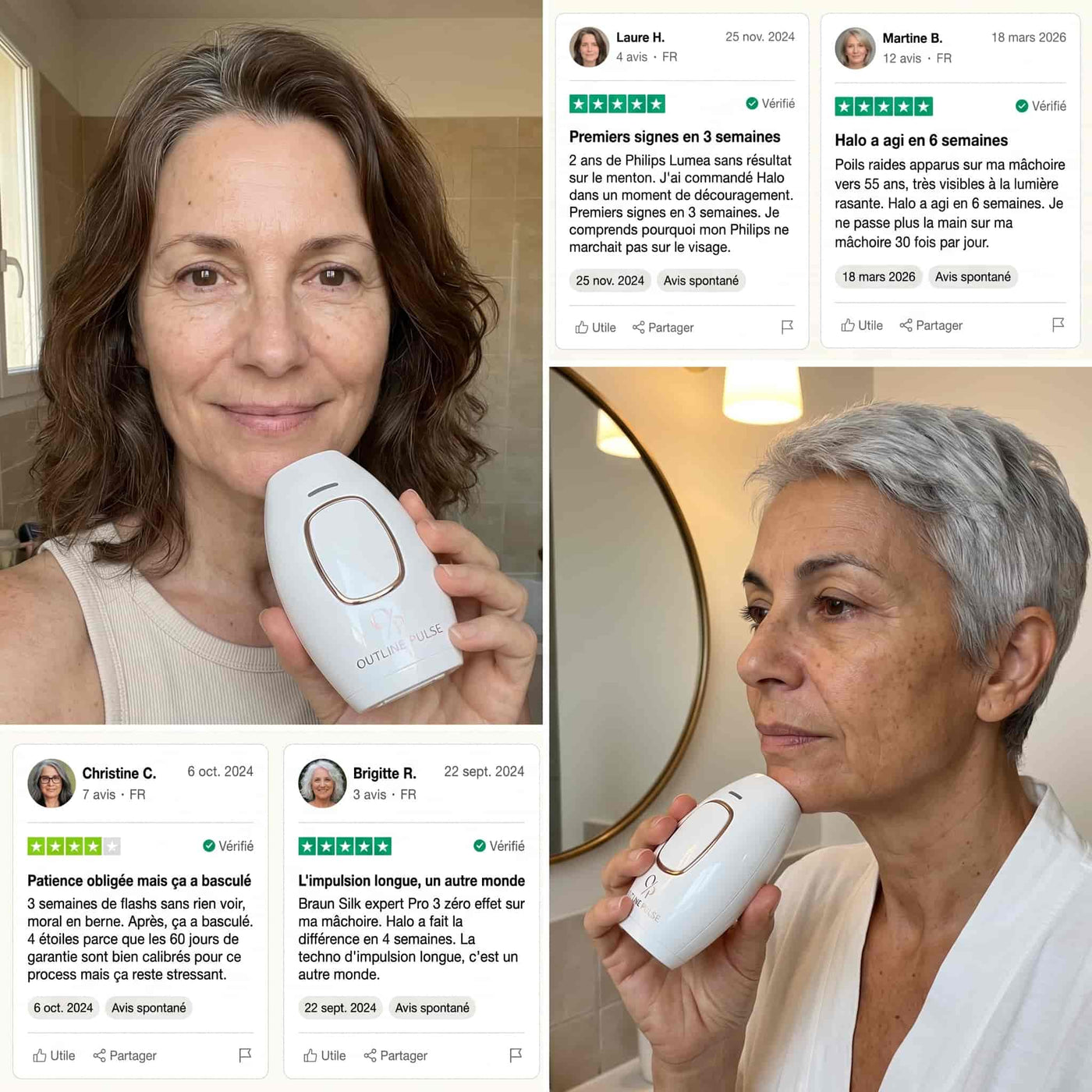 Collage : utilisatrices Halo et avis vérifiés