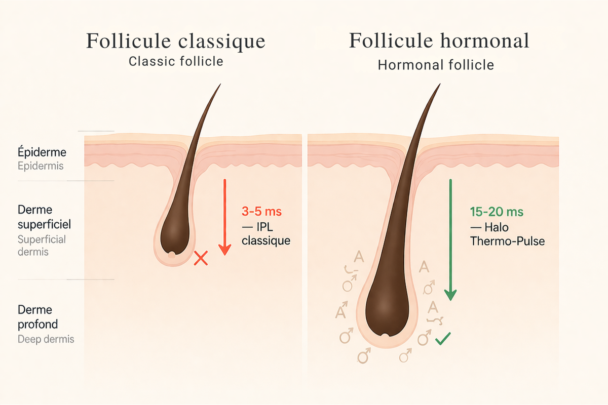 Schéma comparatif : follicule classique de jambe (2-3 mm) à gauche, follicule hormonal post-ménopause (4-5 mm) à droite. La différence de profondeur est la clé du problème.
